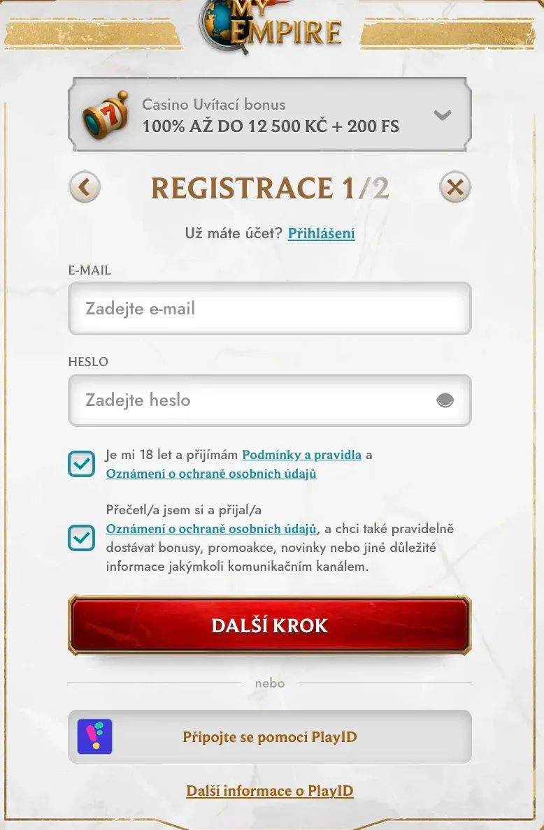 Registrační formulář v casino MyEmpire